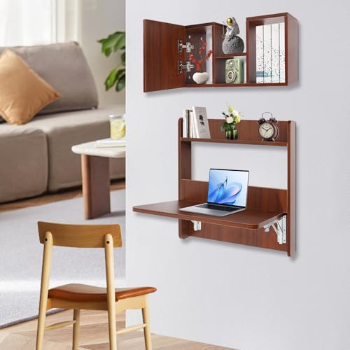 Floating Desk, 36’’H Wall Mounted Desk, Solid Wood Fold Down Laptop Desk with Foldable Tabletop, Folding Table Workstation with Storage Shelves&Door(Walnut)