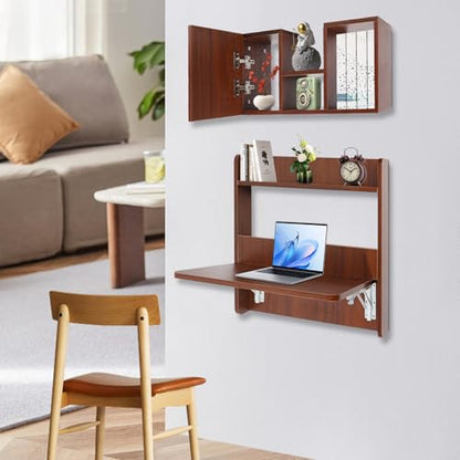 Floating Desk, 36’’H Wall Mounted Desk, Solid Wood Fold Down Laptop Desk with Foldable Tabletop, Folding Table Workstation with Storage Shelves&Door(Walnut)