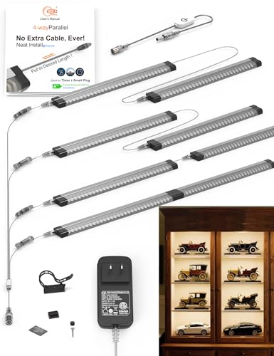 EBD LED Under Shelf Lighting 4-Way 1.2m Splitter Parallel Cabinet Lighting Built-in Adjustable Cable Counter Light Bar 8 Panels Bookcase Lighting Energy 3600Lm 6500K Display Lights for Shelves Closet - size: 4-Way 8-Pack