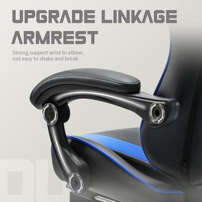 DUMOS Ergonomic Gaming Chair with Footrest, Home Office Desk Chair | PU Leather, Headrest, Linkage Armrests, Height Adjustable, 360 Swivel Reclining, Deep Blue - color: Deep Blue, size: PU Leather 27"D x 25"W x 52"H