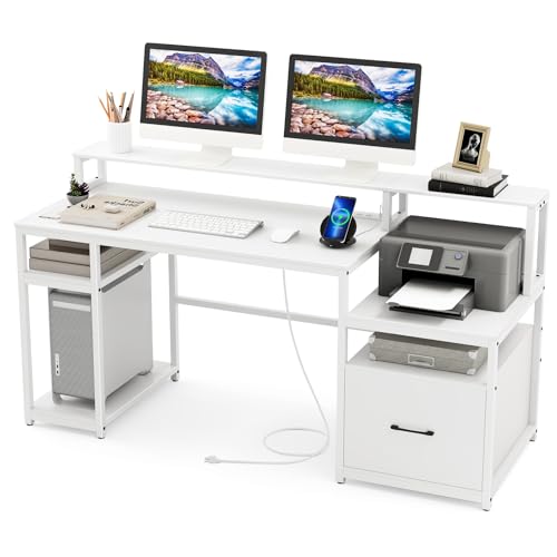 Tangkula Computer Desk with Power Outlets, 66” Computer Workstation with Monitor Stand, CPU Stand, Printer Shelf & File Drawer, Writing Table Gaming Desk for Home Office (White)