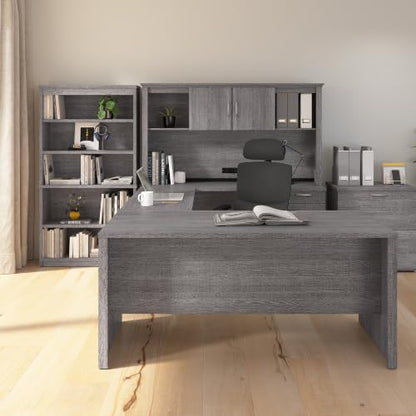 Bestar U or L Shaped with Hutch and File Cabinet, Bark Grey, Logan, 66W