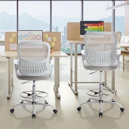 Sweetcrispy Tall Drafting Chair, High Office Desk Chair with Footrest | Comfy Lumbar Support, Counter Height Adjustable, Fixed Arms, 360° Computer Rolling Stool, Grey - color: Grey, size: 45 inches (H) x 23.62 inches (W) x 24.2 inches (L)