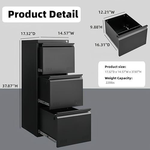 Approgreent Vertical 3 Drawer File Cabient with Lock, Metal Filing Cabinets for Home Office, Heavty Duty Office Storage Cabinet for A4/Letter/Legal (Matte Black) - color: 14-h Black