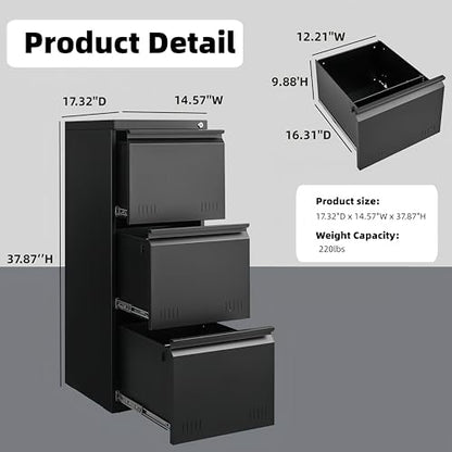 Approgreent Vertical 3 Drawer File Cabient with Lock, Metal Filing Cabinets for Home Office, Heavty Duty Office Storage Cabinet for A4/Letter/Legal (Matte Black) - color: 14-h Black