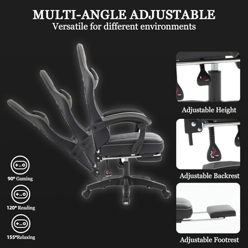 Ergonomic Gaming Chair with Footrest and Lumbar Support, High Back Reclining PU Leather Computer Chair with Headrest and Linkage Armrests, Swivel Height Adjustable Office Gamer Chair for Adults (Gray)