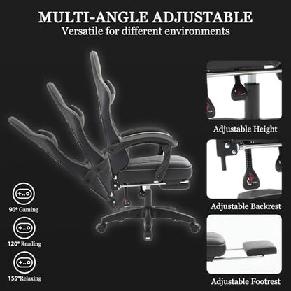 Ergonomic Gaming Chair with Footrest and Lumbar Support, High Back Reclining PU Leather Computer Chair with Headrest and Linkage Armrests, Swivel Height Adjustable Office Gamer Chair for Adults (Gray)