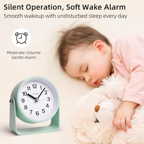 TIMESS Analog Alarm Clock with Snooze & Light, Silent Non-Ticking, Green | On-demand light, quartz movement, battery operated, easy to set, gentle wake alarm, bedside clock for home, travel, or office - color: Green