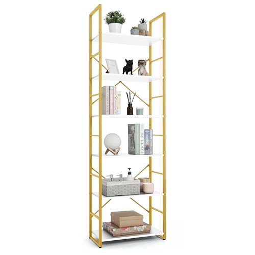 CAPHAUS 6 Tier Bookshelf, 24 Inch Width Free Standing Shelf, Bookcase Shelf Storage Organizer, Industrial Book Shelves for Home Office, Living Room, Kitchen, White Wooden Shelves & Gold Frame - color: Gold, size: 6-Tier