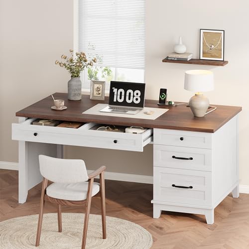 53.5" Executive Desk with Power Outlet, Home Office Desk with Drawers, Wooden Work Desk with File Cabinet, Computer Desk for Work, Study, Writing, White and Brown - color: White and Brown