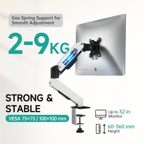 MT-VIKI Single Monitor Arm for 17"-32" Monitors, Gas Spring Adjustable Desk Mount, Quick Release VESA Plate, Full Motion with Cable Management, Clamp & Grommet Base, Supports 4.4–19.8 lbs, White - size: Single Arm
