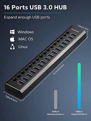 Rosonway 16-Port 96W Powered USB 3.0 Data Hub, Aluminum Housing, RSH-A16 - size: 16-Port Powered USB Hub