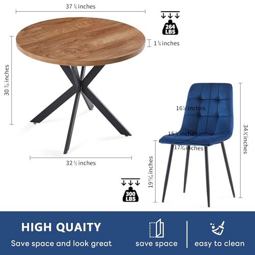 Homedot Modern Dining Table Set for 2,37-in Round Kitchen Table Chairs Set Space Saving, Rustic Brown Dinner Table with Navy Blue Dining Room Side Chairs Upholstered, Small Breakfast Nook Table Set - color: Navy Blue, size: 1* Round Table+2*Chair