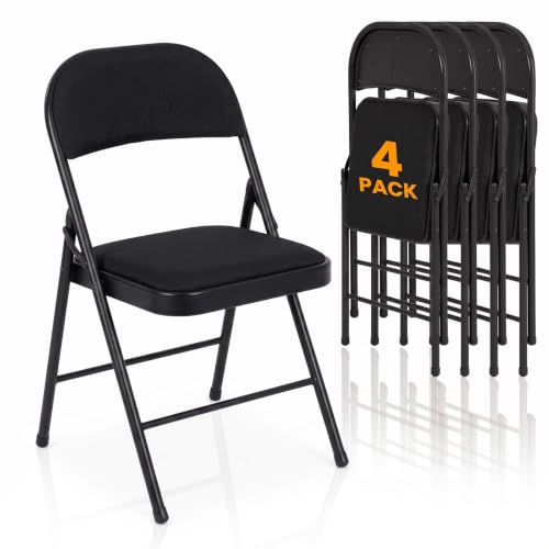 4 Pack Folding Chairs Fabric Foldable Chair Set with Padded Cushion and Back, Portable Indoor Outdoor Extra Seat for Home Office Dining Wedding Parties Commercial Events, Black - color: Black-dg