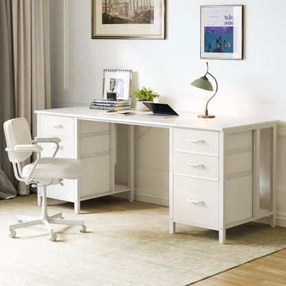 ODK 63 inch Computer Desk with 6 Fabric Drawers, Home Office Desk | White Desk with File Drawers Cabinet, Writing Table Desk with Large Storage for Study, Gaming - color: White