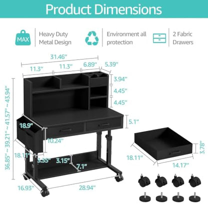 WINAZ Black Mobile Kids Desk - 32" Height Adjustable Study Table with Hutch - color: Black