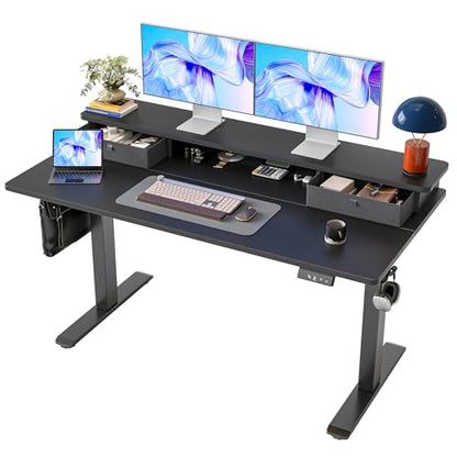 TIQLAB Standing Desk with Two Drawers, Stand Up Standing Desk Adjustable Height, Electric Sit Stand Table with Storage Shelf and Splice Board, 55 * 24 inch, Black - color: Black, size: 55*24 inch without keyboard tray