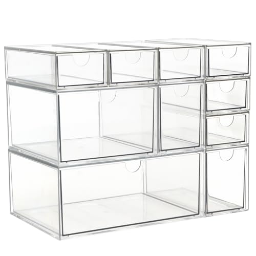 Acrylic Makeup Organizer, 10 Drawers Clear Storage Organizer Desktop Stackable Storage Drawers, Plastic Organizer Bins for Makeup, Stationery, Cosmetics, Vanity, Bathroom,Cabinet,Pantry Office Desk - style: 10 Drawers