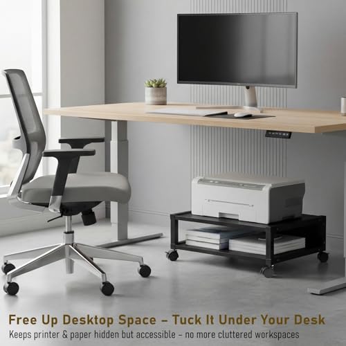 Zonon 2 Tier Printer Stand Under Desk with Wheels, Open Shelf, Black - color: Black