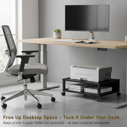 Zonon 2 Tier Printer Stand Under Desk with Wheels, Open Shelf, Black - color: Black