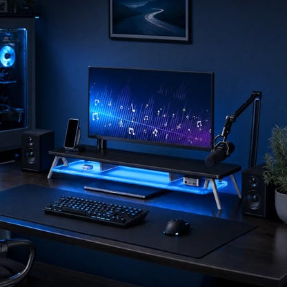 Fenge Dual Monitor Stand with 8-Mode LED Lights and Frosted Shelf, Black | Sturdy Aluminum Legs, Built-In Phone & Tablet Slot, 2-Tier Storage, 42.5-Inch Desk Shelf for Gaming, Home Office & Streaming - color: Black