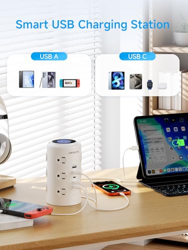 10FT Tower Power Strip with Dedicated 20W PD USB-C Port - color: White, size: 10FT