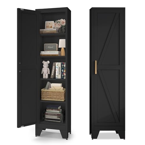 COFaR Tall Bathroom Cabinet, Metal Farmhouse Narrow Slim Storage Cabinet with Adjustable Shelves Barn Door for Bathrooms, Kitchens, Entrances Living Room (Black) - color: Black, size: 67" Farmhouse Narrow