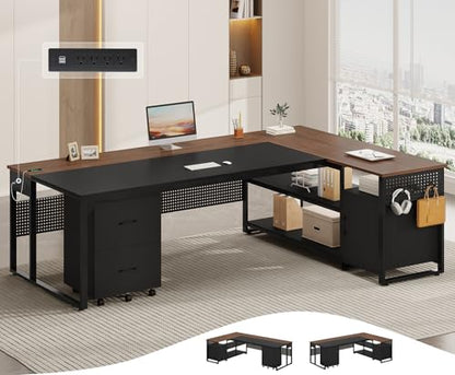 UPOSOJA 71" Executive Desk, Reversible L Shaped Desk with Mobile File Cabinet & Power Outlets, Large Office Desk with Drawers, Storage Shelves, Hooks, Corner Computer Desk for Home Office (Walnut)
