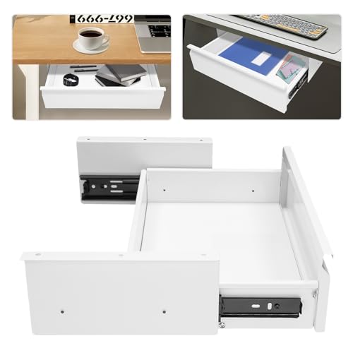 Under Desk Drawer Organizer Metal, Sliding Pull-Out Storage Tray, Hidden Mount, White, Large Capacity for Keyboard Mouse Office Supplies, Smooth Silent Rail, Easy Install
