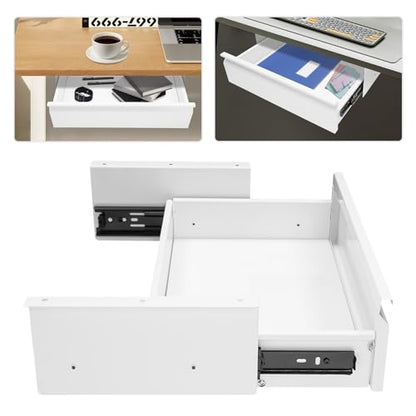 Under Desk Drawer Organizer Metal, Sliding Pull-Out Storage Tray, Hidden Mount, White, Large Capacity for Keyboard Mouse Office Supplies, Smooth Silent Rail, Easy Install
