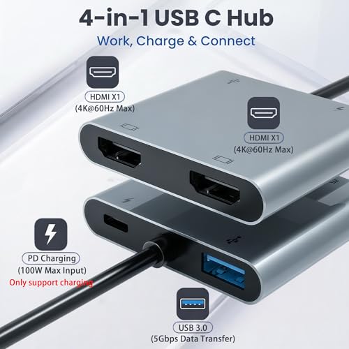 USB C to Dual HDTV Adapter, 4K@60Hz USB C Hub Multiport Adapter