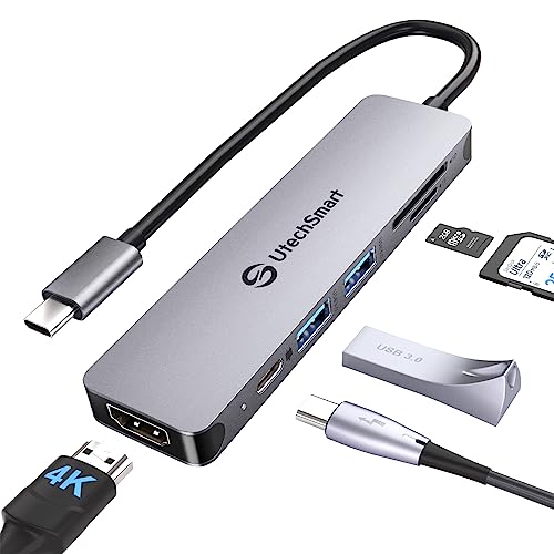 UtechSmart 6-in-1 USB-C Hub, 4K@60Hz HDMI Adapter | Type-C Laptop Dongle with 100W PD, SD/TF Card Reader, 2 USB 3.0 Ports, for MacBook Pro/Air - color: Space Grey