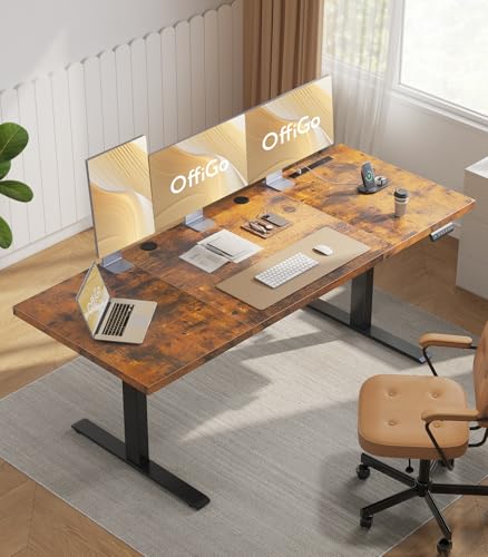 OffiGo 79" Executive Electric Standing Desk Height Adjustable, Rustic Brown | 1.38" Thick 3-Panel Desktop, Power Outlets, 3 Memory Presets, Dual-Beam Frame for Home Office, Workstation, Conference Room - color: Rustic Brown, size: 79 Inch