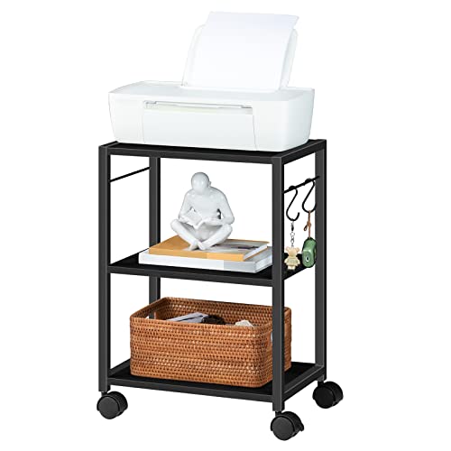 MAHANCRIS Printer Stand, 3-Tier Under Desk Rolling Cart with Storage Shelf, Heavy Duty Printer Table with Wheels for Home Office, Printer Shelf with 2 Hooks, for Small Spaces, Black PTHB4001V - color: Black