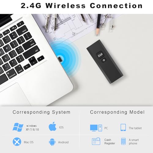 Wireless Barcode Scanner, 1D CCD Automatic Mini Barcode Rreader, Rechargeable Bar Code Scanner with 2.4G Receiver Plug and Play