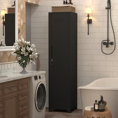 Utility Closet for Cleaning Supplies, Black Metal Storage Cabinet - color: 65"h 1 Door - Black