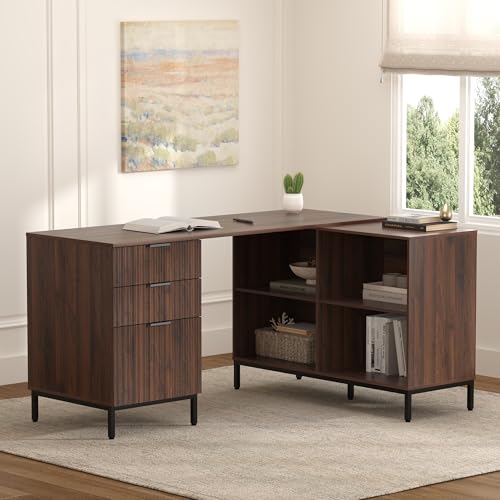 60" L Shaped Desk, 3 Drawers Executive Desk Brown - color: Brown, size: 60"D x 41.3"W x 29.9"H