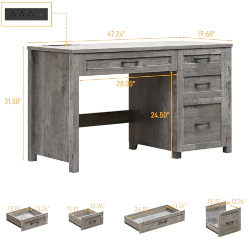 Vabches Farmhouse 47" Executive Desk, Computer Desk with File Drawer, Grey | Workstation, Charging Station, for Study, Home Office - color: Grey, size: Charging Station