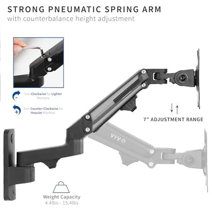VIVO Black Single Monitor Wall Mount for 17 to 32 inch Screens, MOUNT-G100B | Premium Aluminum Monitor Mount, Pneumatic Adjustable Arm, Maximum VESA 100x100, Holds 15.4 lbs - size: 17" to 32"