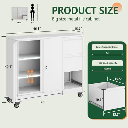 winiowa Mobile 3-Drawer File Cabinet with Wheel, Metal Lateral Rolling Printer Stand Filing Cabinets with Lock, Office Storage Cabinet for Office, Home, Garage, School, Gym-White - color: White