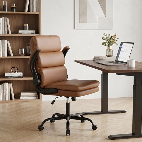 Mid Back Office Desk Chair,Leather Conference Room Chairs,Ergonomic Home Computer Chair,Modern Executive Chair with Padded Flip-up Armrest and Swivel Wheels (Brown) - color: Brown