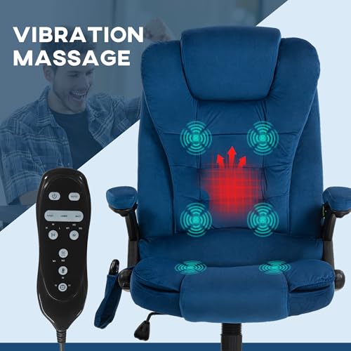 HOMCOM Executive Office Chair 6 Points Vibration Massage Velvet Drak Blue | Heated Lumbar Support, High Back Computer Chair, Reclining Backrest, Tilt Function, Padded Armrests - color: Drak Blue