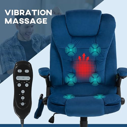 HOMCOM Executive Office Chair 6 Points Vibration Massage Velvet Drak Blue | Heated Lumbar Support, High Back Computer Chair, Reclining Backrest, Tilt Function, Padded Armrests - color: Drak Blue