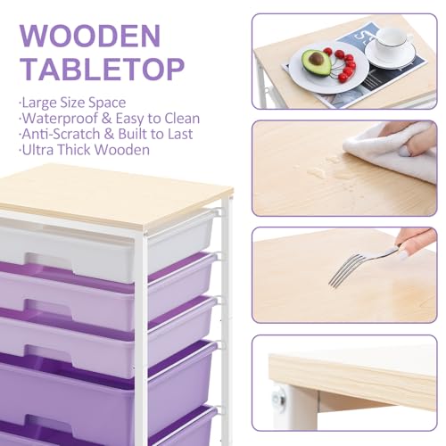 SYKIARIOL Utility Cart with 5 Drawers with Wooden Top,Purple - color: Purple