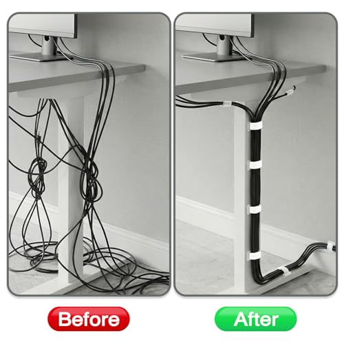 Under Desk Cable Management, Self-Adhesive Hook and Loop Straps, Adjustable Reusable Wire Organizer for Home Office Essentials (20 Pairs) - color: White