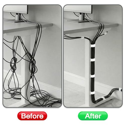 Under Desk Cable Management, Self-Adhesive Hook and Loop Straps, Adjustable Reusable Wire Organizer for Home Office Essentials (20 Pairs) - color: White