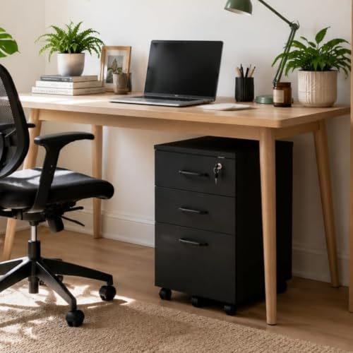 Lockable 3-Drawer Mobile Filing Cabinet with Wheels, Heavy-Duty Vertical Under Desk Storage & Printer Stand, Compatible with A4, Letter, Legal Size Hanging Files Home Office Use (Black) - color: Black