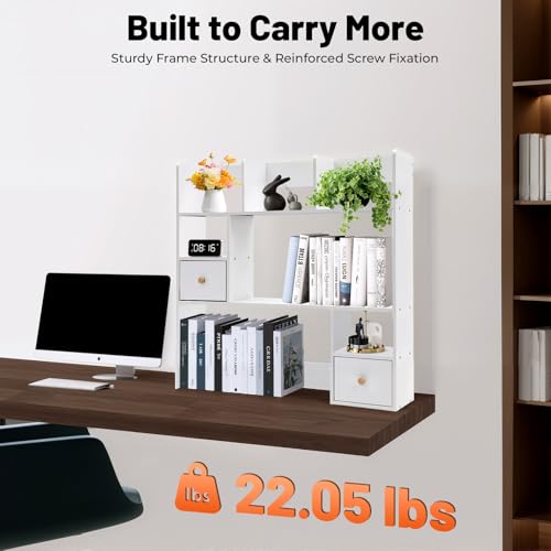 Desktop Bookshelf, 31.5" Tall Countertop Storage Hutch with 7 Compartment and 2 Drawer, Desk 3-Tier Display Rack, Multipurpose Wood Desktop Hutch Storage Organizer for Dorm Office Home (White)