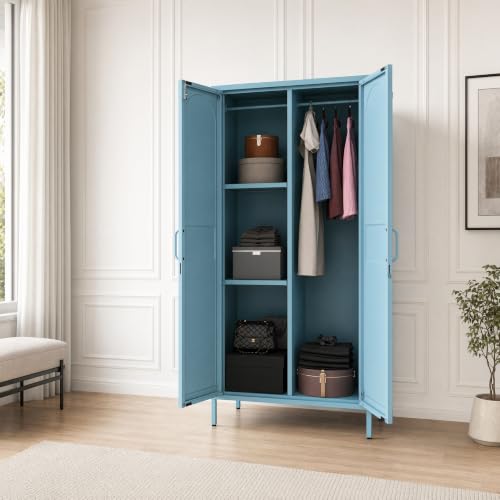 Lockable Metal Wardrobe Closet with Hanging Rod and 3 Adjustable Shelves,67" Metal Storage Cabinet with 2 Doors,Steel Armoire Wardrobe Closet for Bedroom Living Room Cloak Room (Blue) - color: Blue, style: 67"H-Wardrobe-DY