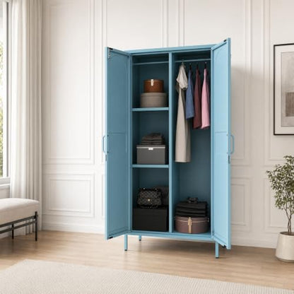 Lockable Metal Wardrobe Closet with Hanging Rod and 3 Adjustable Shelves,67" Metal Storage Cabinet with 2 Doors,Steel Armoire Wardrobe Closet for Bedroom Living Room Cloak Room (Blue) - color: Blue, style: 67"H-Wardrobe-DY